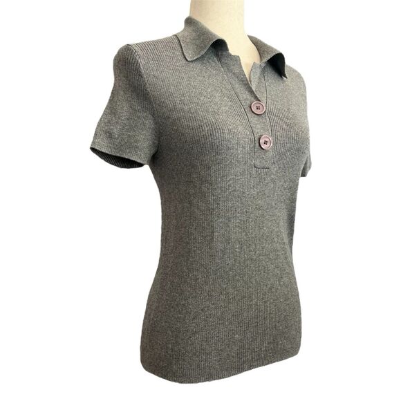 Ann Taylor Tenniscore Ribbed Cotton Top Size L Gray Collared Old Money Preppy - Picture 2 of 10